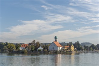 Moated castle, Lake Constance, parish church of St George, onion dome, Bavaria, Germany, Europe