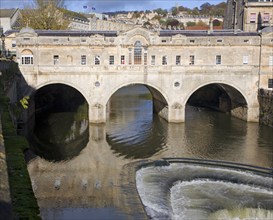 Pulteney Bridge on the River Avon, completed in 1773 designed by Robert Adam, Bath, Somerset,