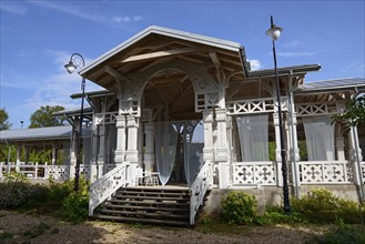 An elegant wooden veranda with white columns and stairs, surrounded by plants under a blue sky, Old