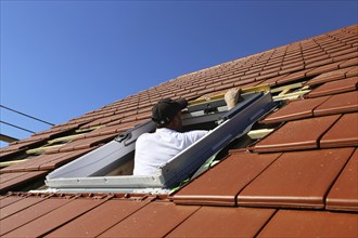 Employees of Zimmerei Mellein GmbH install the roof windows in the Mutterstadt development area,