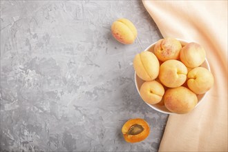 Fresh orange apricots in white bowl on gray concrete background. top view, copy space, flat lay