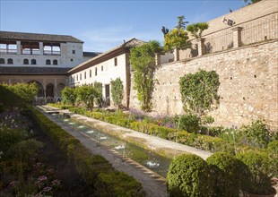 Patio de la Acequia, Court of the water Channel, Generalife palace gardens, Alhambra, Granada,