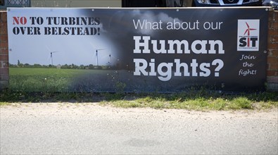 Anti wind turbine protest banner at Belstead, Suffolk, England, United Kingdom, Europe