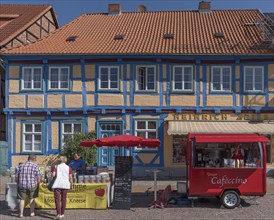 Renovated, historic half-timbered house, market square, Rehna, Mecklenburg-Western Pomerania,