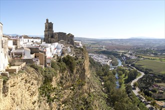 Cliff top buildings church of San Pedro, village of Arcos de la Frontera, Cadiz province, Spain,