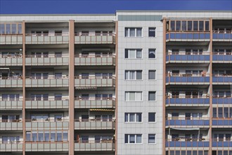 Prefabricated buildings with balcony, photographed in the Berlin district of Lichtenberg in Berlin,