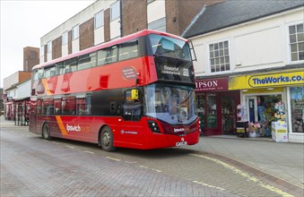 Red double-decker Ipswich Reds bus service 88 in town centre of Stowmarket, Suffolk, England, UK