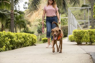 A woman wearing sunglasses smiles as she watches her unleashed dog walking ahead of her, holding