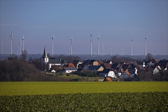 Sintfeld wind farm behind the village of Fürstenberg, Bad Wünnenberg, Paderborn plateau, North