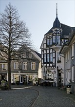 Church square with typical Bergisch houses, Historic Upper Town, Mettmann, Bergisches Land, North