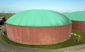 Aerial view of a biogas plant, energy production from biomass at an agricultural business,