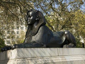 Sphinx at ancient Egyptian Cleopatra's needle, the Embankment, London