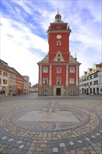 Old historic town hall with floor mosaic and city coat of arms, red, historic, main market, Gotha,