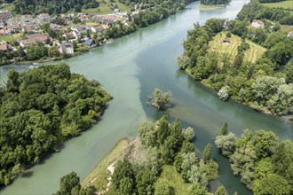 Confluence of river Limmat and river Aare at Limmatspitz, aerial view, Aargau, Switzerland, Europe