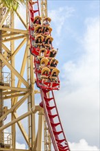 Closeup of Hollywood Rip Ride Roller Coaster car in Hollywood Studios at Universal Studios in Walt