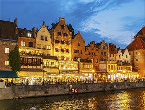 Motlawa River waterfront by night, Gdansk, Gdansk, Poland, Europe