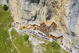 Ebenalp, Guest house Aescher, Wildkirchli under the Ascher cliff, aerial view, Ebenalp, Appenzell,