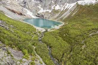 Aerial view of glacier Briksdalsbreen, a glacier tongue of Jostedalsbreen, glacier lake, Norway,