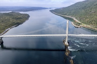 Aerial view of suspension bridge over fjord Efjord, road E6, northern Norway