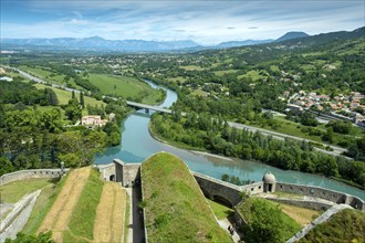 Sisteron. Confluence of the Durance river and the Buech at the foot of the Citadel,