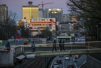 The skyline of Essen city centre, A40 motorway, Ruhr Expressway, North Rhine-Westphalia, Germany,