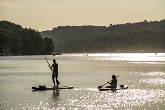 North-eastern part of Lake Baldeney, Stand up paddler, Sup, Essen, North Rhine-Westphalia, Germany,