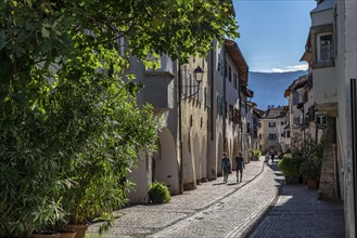 The town of Neumarkt, in the Adige Valley, in South Tyrol, arcades in the old town centre, in front