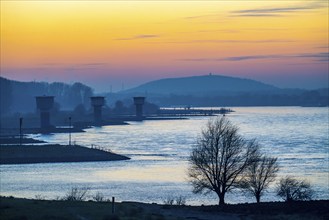 Rhine at Duisburg-Bruckhausen, towers of the water extraction facilities of ThyssenKrupp Steel