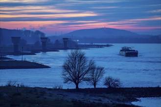 Rhine at Duisburg-Bruckhausen, towers of the water extraction facilities of ThyssenKrupp Steel