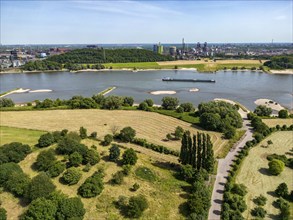 Rhine meadows near Duisburg-Binsheim, Thyssenkrupp steelworks Marxloh, Schwelgern coking plant,