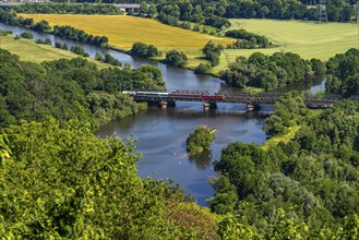 The Ruhr near Hagen, railway bridge, mouth of the river Lippe into the Ruhr, green Ruhr landscape,