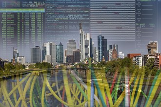 Symbolic image of critical infrastructure, skyline of Frankfurt am Main, data cable, hacker code