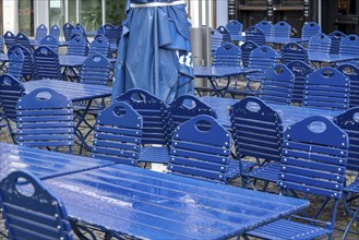 Catering, blue chairs and tables in a beer garden, outdoor catering, empty, closed