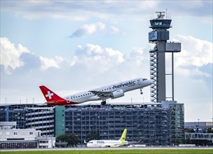 Helvetic Airways, Embraer E190-E2, HB-AZD, on take-off at Düsseldorf International Airport, air