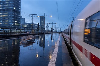 ICE train, train traffic, city centre skyline, Essen central station, North Rhine-Westphalia,