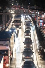 Evening traffic jam on the A40 motorway, Essen-Huttrop junction, traffic jam in both directions,