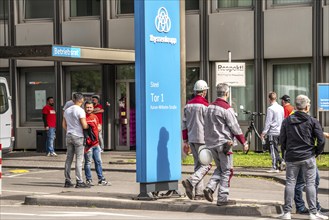 Steelworkers at a demonstration in front of the headquarters of ThyssenKrupp Steel Europe in