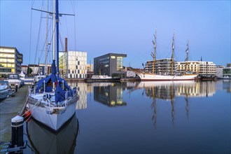 New harbour, harbour basin, harbour district, training ship Germany, residential buildings, office