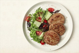 Fried cutlets, minced beef, with vegetable salad, top view, no people