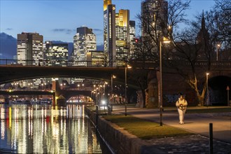 Skyline of the city centre of Frankfurt am Main, cycle and footpath, promenade, along the river