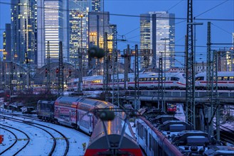 Railway tracks in front of the main station of Frankfurt am Main, ICE train, skyline of the