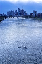 Skyline of Frankfurt am Main, skyscrapers, business and banking district in the city centre, rowing