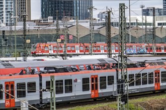 Local trains on the track in front of Frankfurt am Main Central Station, Skyline, Hesse, Germany,