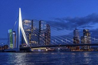 The skyline of Rotterdam, with the Erasmus Bridge over the Nieuwe Maas, skyscrapers in the Kop van