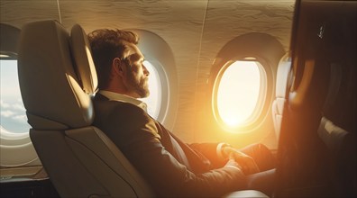 Successful businessman sitting in a plane, looking out the window. Business travel, global