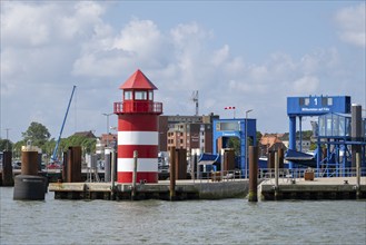 Ferry pier, lighthouse, harbour, Wyk, Föhr, North Sea island, North Frisia, Schleswig-Holstein,