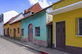 Colorful colonial architecture of historic center of Flores, Guatemala, Central America