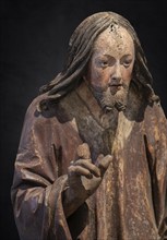 Head of Christ, detail of the Palmesel, wooden figure around 1520, on a dark background, Diözesan