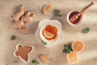 Tea with ginger, lemon and mint, selective focus, no people, sunlight, breakfast, morning,