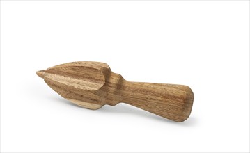 Wooden citrus reamer, manual lemon juicer, made of acacia wood, on a white background, isolate